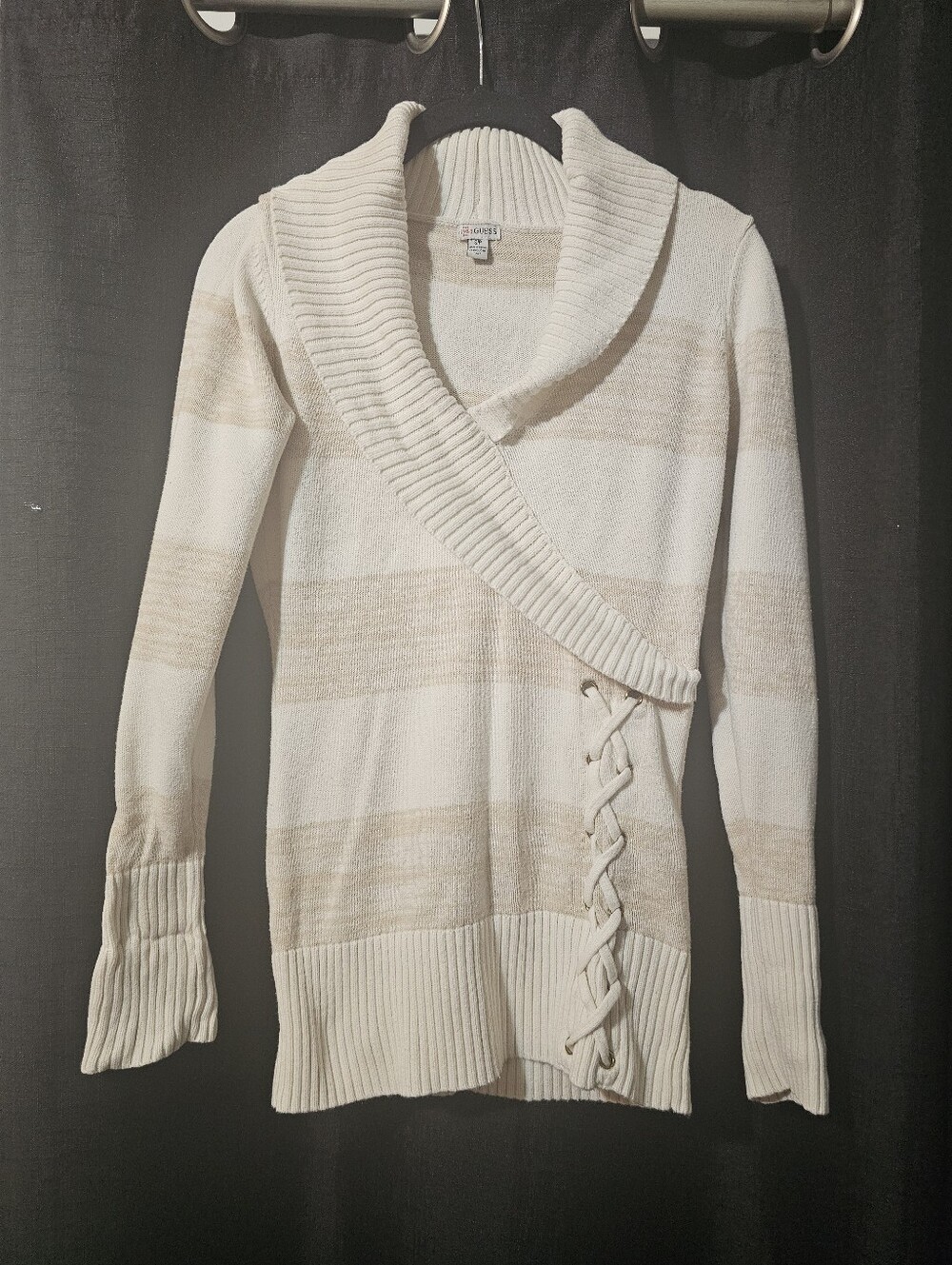 Guess Cream and Beige Striped Shawl Collar Lace-Up Sweater